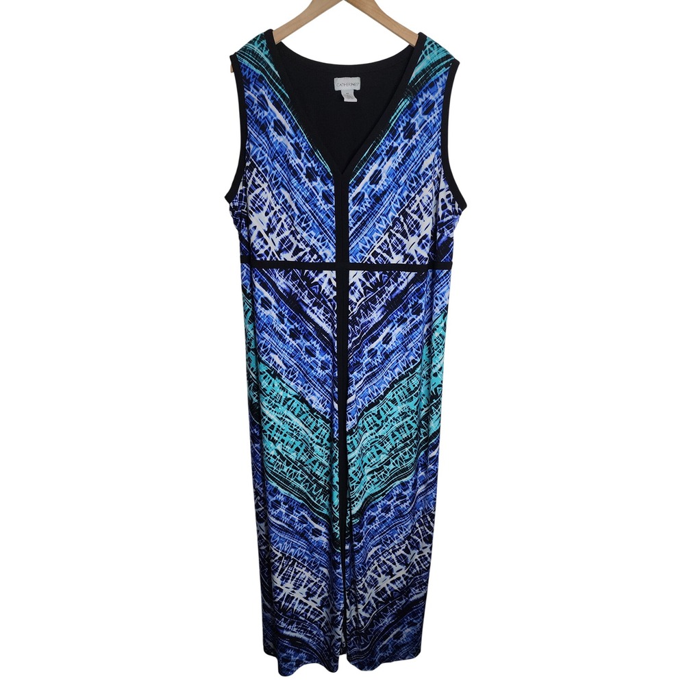Catherines Maxi Dress Womens 3X Blue Geometric Print Sleeveless V-Neck Stretch